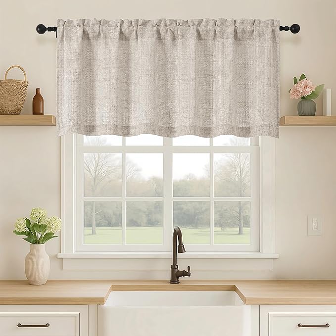 OVZME Valance for Windows, Light Filtering Faux Linen Textured Small Kitchen Valances for Windows, Dual Rod Pocket Farmhouse Short Curtain for Bathroom Basement, 60Wx22L inch, 1 Piece, Linen Color