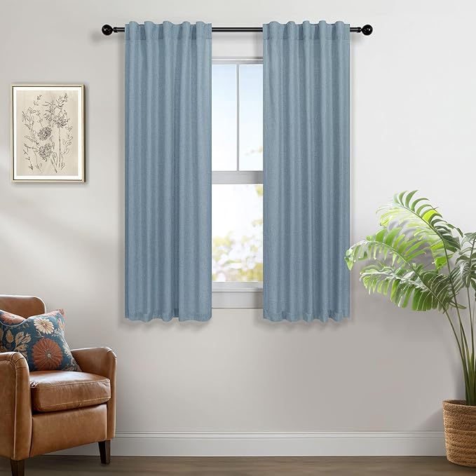 Pitalk Blue Curtains 38 Inch Wide for Small Window 2 Panel Set Back Tab Rod Pocket Linen Blend Semi Sheer Cafe Tier Narrow Curtain for Bathroom Kitchen Door Basement Width 38x45 Inch Length Stone Blue