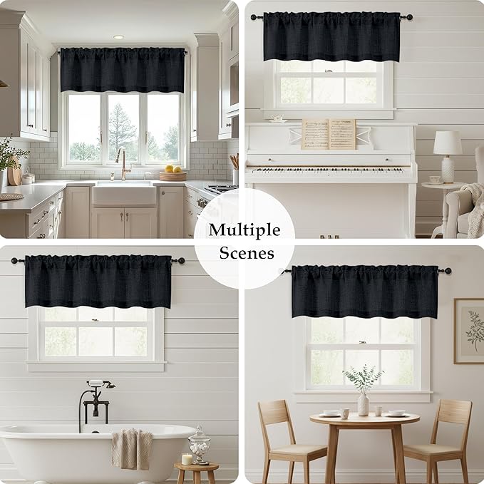 OWENIE Black Valances for Windows 1 Pcs 24 Inch Length, Light Filtering Textured Short Small Valance Curtains for Bathroom Basement Living Room Bedroom, Half Window Curtains Over Sink, 60" W by 24" L