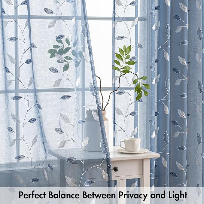 MIULEE Dusty Blue Sheer Curtains 2 Panels Embroidered Leaf Patterned Rod Pocket Floral Semi Sheer Faux Linen Window Curtains Drapes Set for Living Room Bedroom Dining Room, 52x96 Inches Long