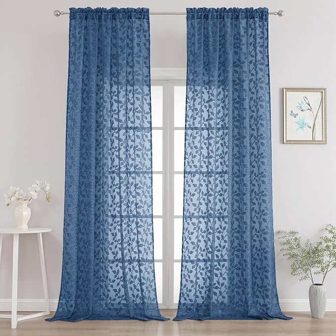 Chyhomenyc Extra Long Dusty Blue Sheer Curtains 108 Inch Length 2 Panels Set, Light Filtering Tufted Textured Soft Airy Rod Pocket Leaf Window Treatment Drapes for Living Room, 52" Wx108 L, 2PCS