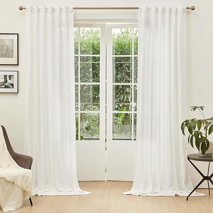 MYSKY HOME Natural Living Room Curtains Boho Semi Sheers Light Filtering Back Tab Privacy Drapes for Patio Pergola Gazebo Nice Vertical Elegant Style, Beige White, 50 x 95 Inches, 2 Panel Sets