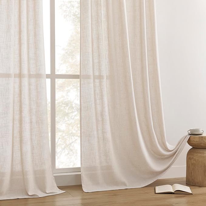Joydeco Linen Curtains for Living Room,Semi Sheer Drapes Window Long Curtains 96 inches Long Pink Beige