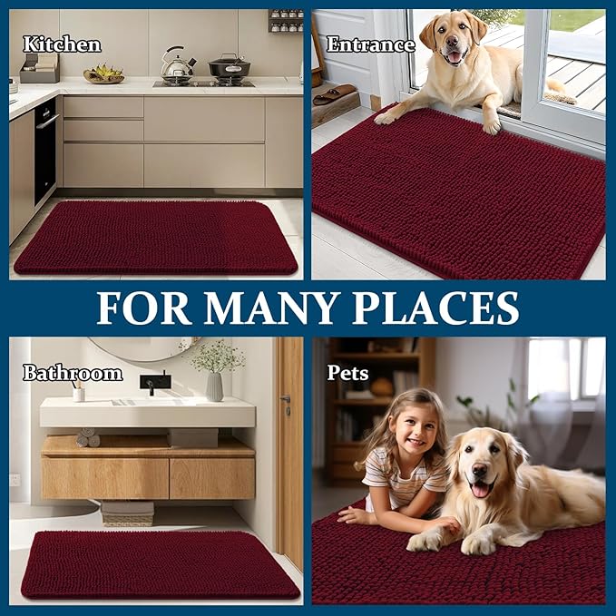 OLANLY Dog Door Mat for Muddy Paws 35x24, Absorbs Moisture and Dirt, Absorbent Non-Slip Washable Doormat, Quick Dry Chenille Mud Mat for Dogs, Entry Indoor Entryway Carpet for Inside Floor, Burgundy