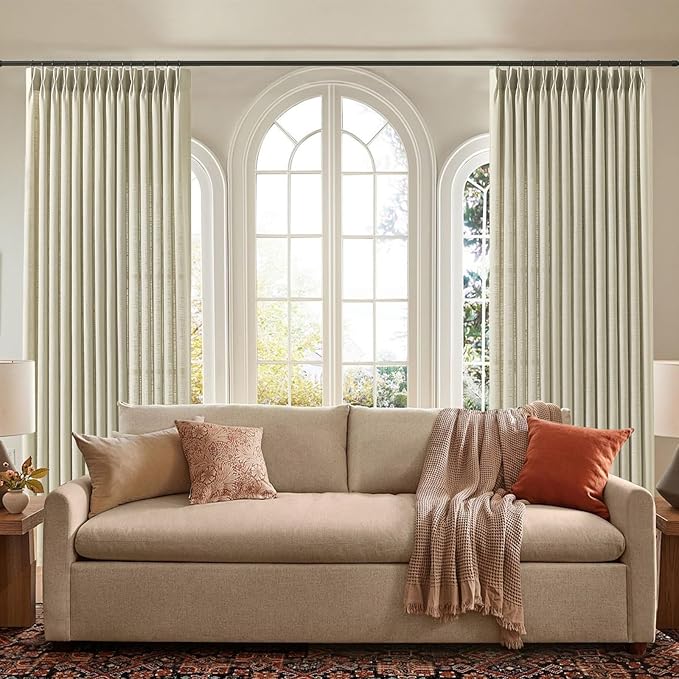 IVAPUPU Pinch Pleated Linen Curtains 90 Inches Long 2 Panels for Living Room, Light Filtering Pleated Semi Sheer Curtain with Hooks Rings Back Tab Memory Trained Drapes for Bedroom, 40W, Linen