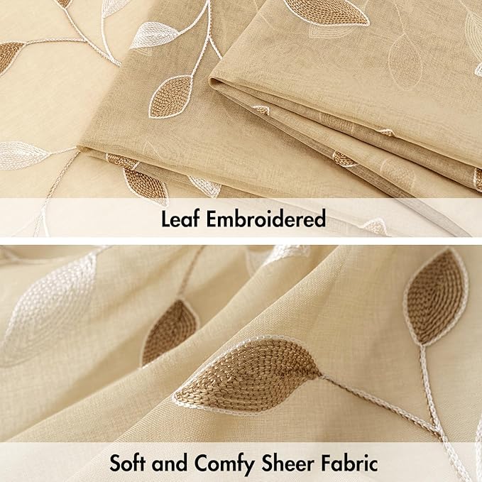 MIULEE Khaki Sheer Curtains 2 Panels Embroidered Leaf Patterned Rod Pocket Floral Semi Sheer Faux Linen Short Window Curtains Drapes Set for Kitchen Living Room Bedroom, 52x54 Inches Length