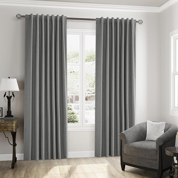 Guken Dark Grey 100% Blackout Linen Curtains 63 Inch Length 2 Panels Set for Living Room Bedroom Back Tab/Rod Pocket Thermal Insulated Black Out Drapes Room Darkening Farmhouse Window Curtains