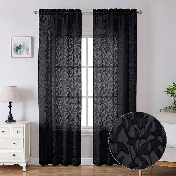 Lecloud Leia Jacquard Black Sheer Curtains 96 Inches Long 2 Panels, Balance Light & Privacy Clip Textured Voile Curtain with Dual Rod Pockets, Farmhouse Leaf Living Room Bedroom Drapes, 38X96 Inch