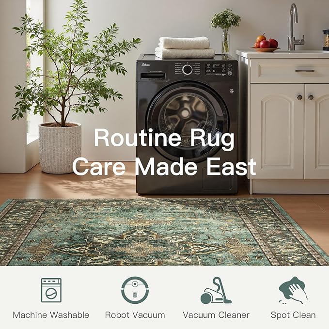 Lofus 2x3 Washable Rug for Entryway Bathroom, Non Slip Kitchen Mats for Floor, Vintage Soft Door Mat Indoor Entrance, Small Area Rugs, Farmhouse Carpet for Entry Living Room Bedroom, Green