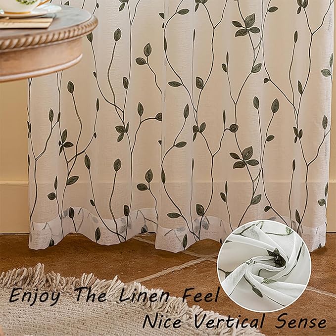 AmHoo 2 Panels Embroidered Leaf Pattern Semi Sheer Curtains Foliage Floral Voile Window Draperies Treatment for Bedroom Living Room Rod Pocket White Sage Green 53 x 95 Inch