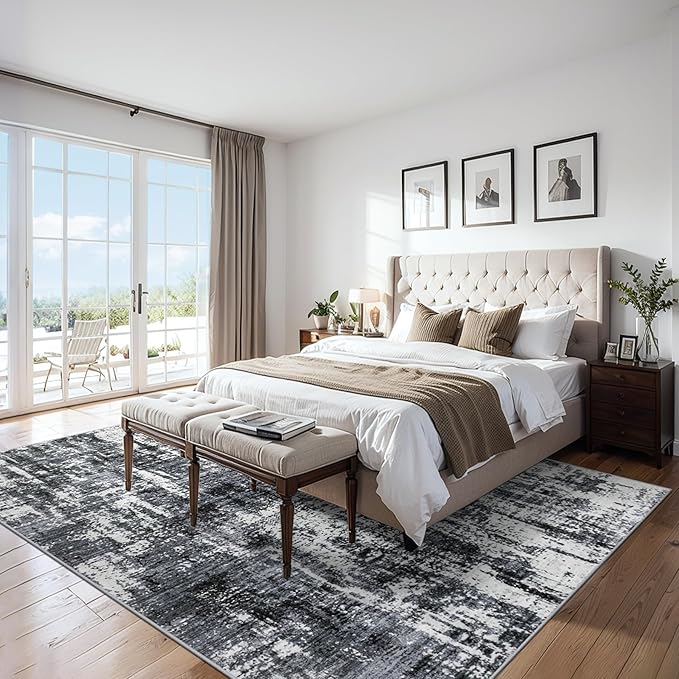 6x9 Area Rugs for Living Room - Washable Rug Modern Abstract Soft Large Neutral Non-Slip Carpet Indoor Floor Thin Carpets for Bedroom Dining Room Farmhouse Nursery Home Office Black