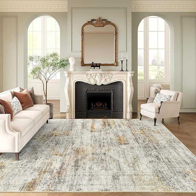 9x12 Area Rugs for Living Room, Non Slip Machine Washable Vintage Rugs, Low Pile Lightweight Large Rug for Bedroom, Dining Room, Home Office Gray Rust