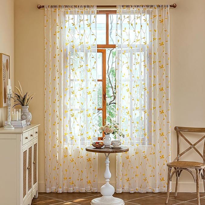 AmHoo 2 Panels Embroidered Leaf Pattern Semi Sheer Curtains Foliage Floral Voile Window Draperies Treatment for Bedroom Living Room Rod Pocket White Gold Yellow 53 x 63 Inch