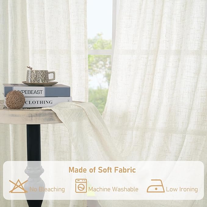 LAMIT 102 inch Semi Sheer Linen Curtains for Living Room, Back Tab and Rod Pocket Cream Curtains Light Filtering Country Rustic Neutral Drapes for Bedroom/Farmhouse, 2 Panels, 52 x 102 Inch