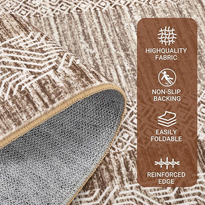 GarveeHome 2.5x8 Modern Bordered Runner Rug Soft Non Slip Washable Floor Carpet Distressed Geometric Hallway Indoor Printed Rug for Kitchen Entrance, Brown
