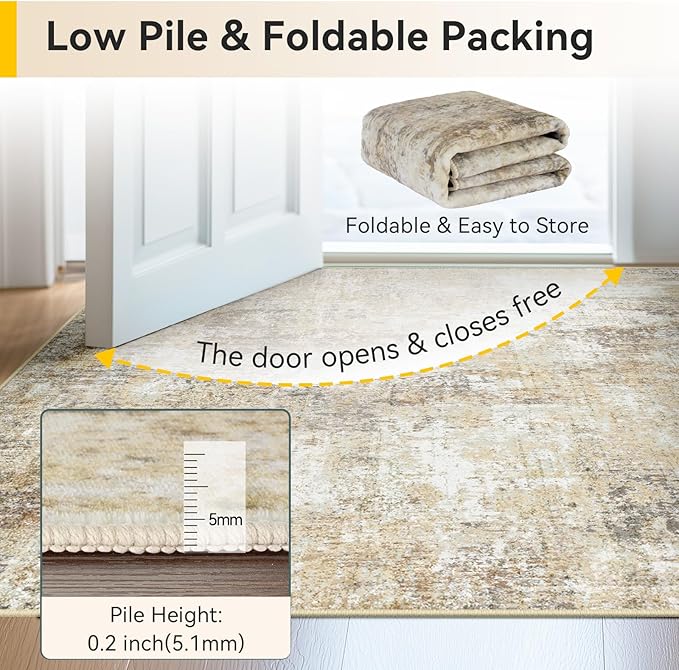 Washable Area Rugs 2'x10' Non-Slip Modern Abstract Soft for Living Room Entryway Bedroom Nursery, Print Pattern, Neutral Brown Gray