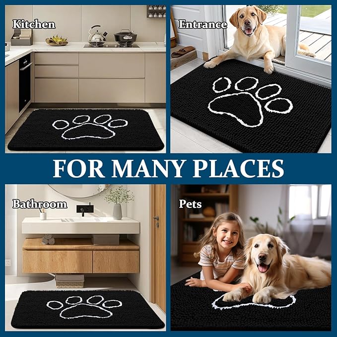 OLANLY Dog Door Mat for Muddy Paws 59x35, Paw Print Design, Absorbs Moisture and Dirt, Absorbent Non-Slip Washable Doormat, Quick Dry Chenille Mud Mat for Dogs, Entry Indoor Entryway Carpet, Black
