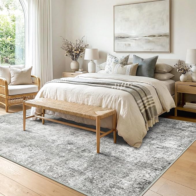 Washable Area Rugs 5'x8' Non-Slip Modern Abstract Soft for Living Room Entryway Bedroom Nursery, Print Pattern, Gray White Grey