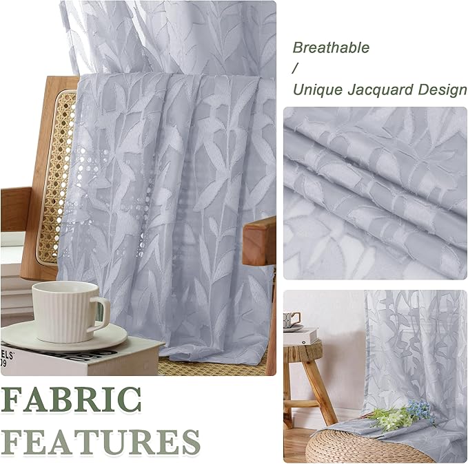 Lecloud Leia Light Grey Sheer Curtains 63 Inch Length 2 Panels, Jacquard Leaf Textured Light Filtering Voile Curtains with Dual Rod Pockets, Kitchen/Bedroom Window Drapes, 40 W x 63 L