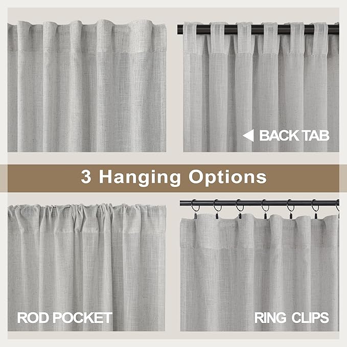 Gray Curtains 38 Inch Wide for Bedroom 2 Panel Set Back Tab Rod Pocket Semi Privacy Cotton Textured Light Filtering Linen Sheer Light Grey Curtain for Living Room Door Modern Farmhouse Decor 38W x 84L