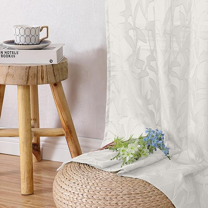 Lecloud Leia Ivory Sheer Curtains 108 Inches Long 2 Panels, Airy Jacquard Leaf Textured Voile Curtains, Gauzy Aesthetic Drapes with Dual Rod Pockets for Living Room Bedroom, Each 52" W x 108" L