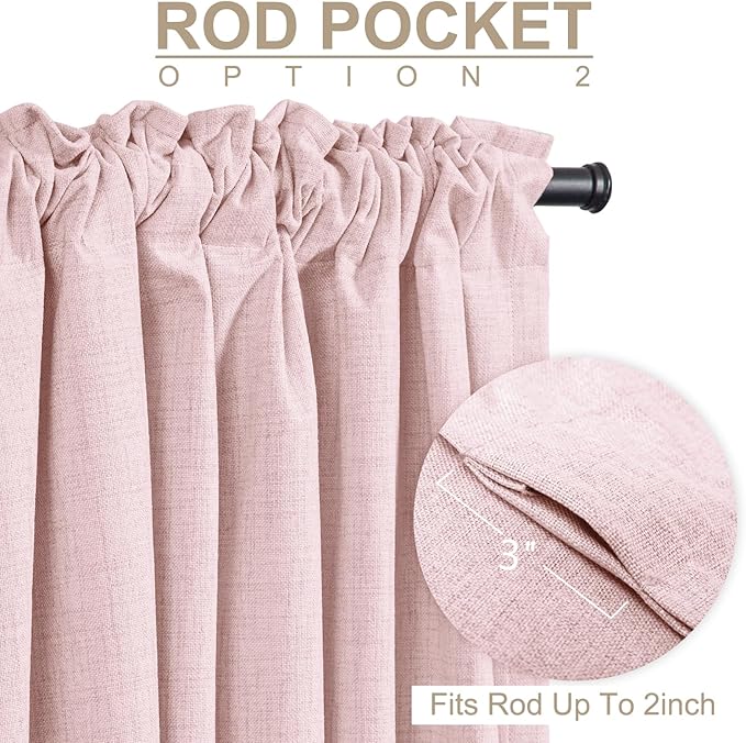 100% Blackout Shield Soft Pink Linen Blackout Curtains for Bedroom 96 Inches Long, Back Tab/Rod Pocket Living Room Drapes, Thermal Insulated Blackout Curtains 2 Panels Set, 50" W x 96" L
