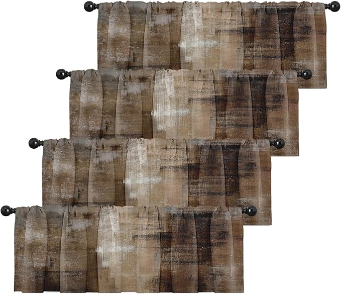 Emvency 4 Pack Valances Window Treatments, Abstract Dark Brown Art Painting Blackout Adjustable for Living Room Bathroom Bedroom Kitchen Over Sink, 52x18 Inch Rod Pocket Valances