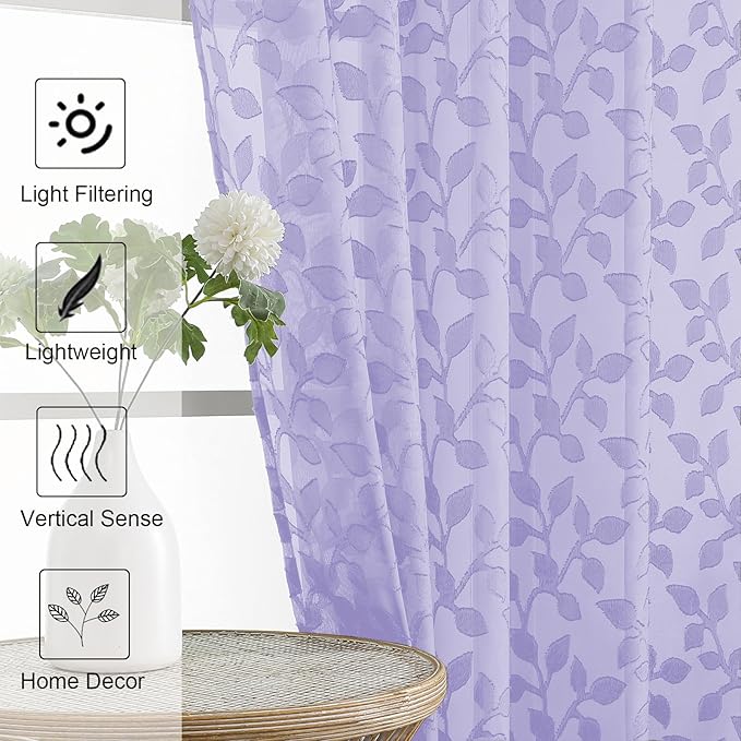 Chyhomenyc Extra Long Light Purple Sheer Curtains 108 Inch Length 2 Panels Set, Light Filtering Tufted Textured Soft Airy Rod Pocket Leaf Window Treatment Drapes for Living Room, 52" Wx108 L, 2PCS