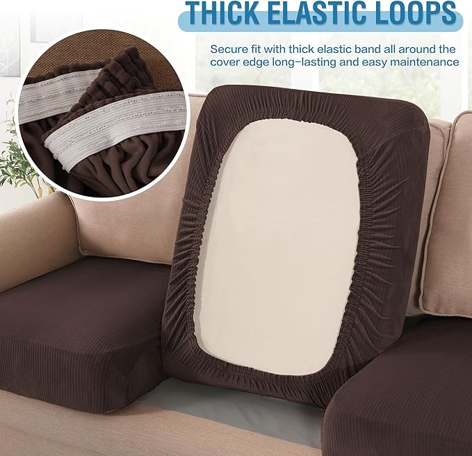 H.VERSAILTEX Velvet Stretch Couch Cushion Cover Plush Cushion Slipcover for Chair Loveseat Sofa Cushion Furniture Protector Seat Cushion Sofa Cover (2 Piece Large Sofa Cushion Covers, Brown Striped)