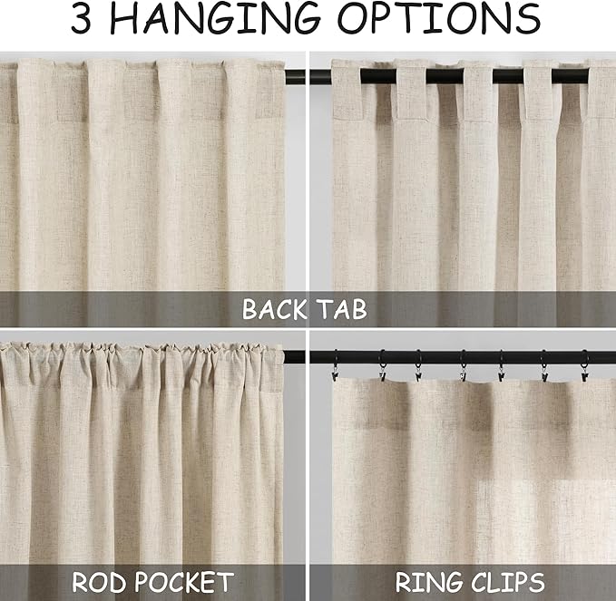 Beige Linen Curtain 96 inches Long for Living Room Back Tab Neutral Vintage Country Rustic Farmhouse Curtain Burlap Textured Canvas Cloth Look Drapes 96 inch Length for Dinning Room Bedroom 8 FT