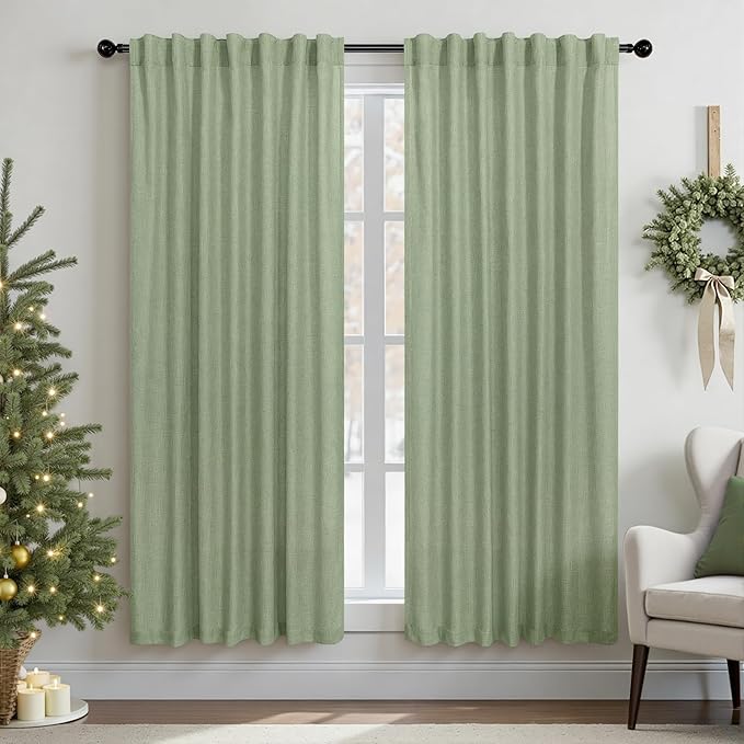 Light Sage Curtains 72 Inch Length for Bedroom 2 Panel Set Back Tab Rod Pocket Drapes Semi Sheer Light Filter Linen Woven Textured Olive Green Curtain for Living Room Dividing Closet Door 52x72 Long