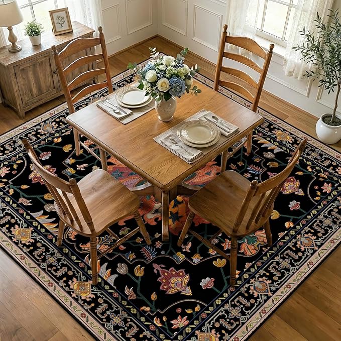 RELEANY Area Rugs Square 7ft Washable Non-Slip, Floral Vintage Distress Print Pattern Medallion Carpet for Living Room Bedroom Dining Room, Black Colorful Floral Dark Tan