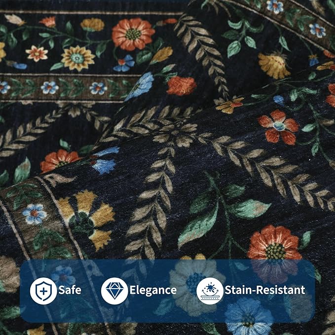 GarveeHome Living Room Rug 5x7 Rug Machine Washable Stain Resistant Area Rug Non Slip Floral Vintage Low Pile Rugs for Living Room, Bedroom, Farmhouse, Dining Room, Kids PlayroomNavy&Black