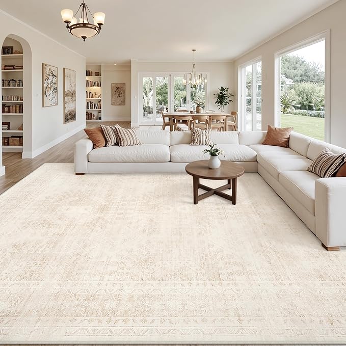 8x10 Area Rugs for Living Room: Vintage Boho Neutral Washable Rug Indoor Soft Large Area Rug Carpet for Bedroom Nursery Farmhouse Dining Room Office Floor Non-Slip Low Pile Under Table Rug Beige