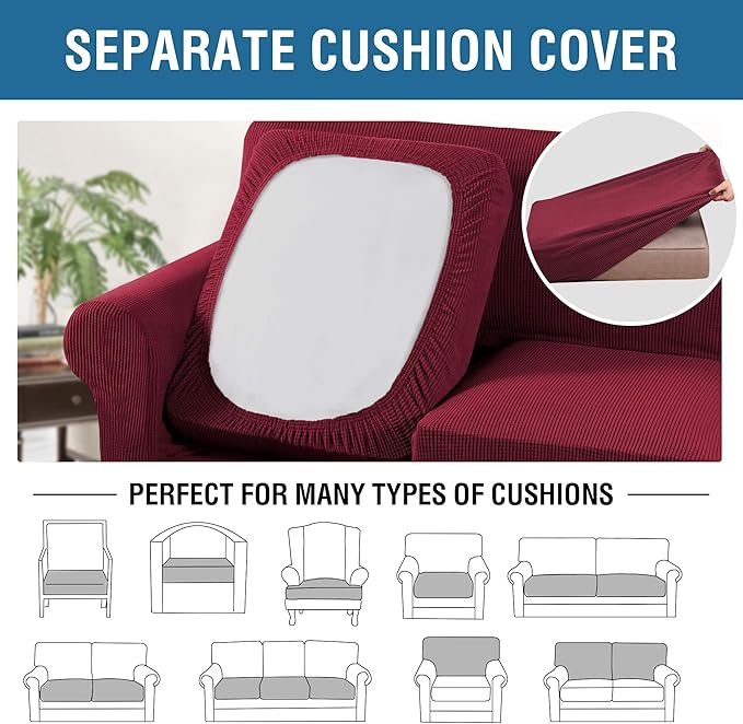 H.VERSAILTEX 4 Piece Stretch Sofa Covers for 3 Cushion Couch Covers for Living Room Furniture Slipcovers (Base Cover Plus 3 Seat Cushion Covers) Upgraded Thicker Jacquard Fabric (XL Sofa, Burgundy)
