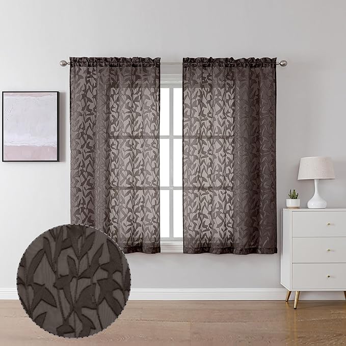 Lecloud Leia Jacquard Textured Chocolate Brown Semi Sheer Curtain 45 Inch Length, Balance Light & Privacy Clip Leaf Voile Curtain for Living Room, Dual Rod Pockets Bedroom Short Drape, 38x45 Inches