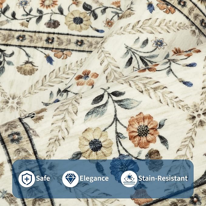 6x9 Machine Washable Area Rugs for Living Room Floral Stain Resistant Soft Carpet Vintage Low Pile Non Slip Non-Shedding Floor Carpet Rugs for Bedroom Nursery Beige