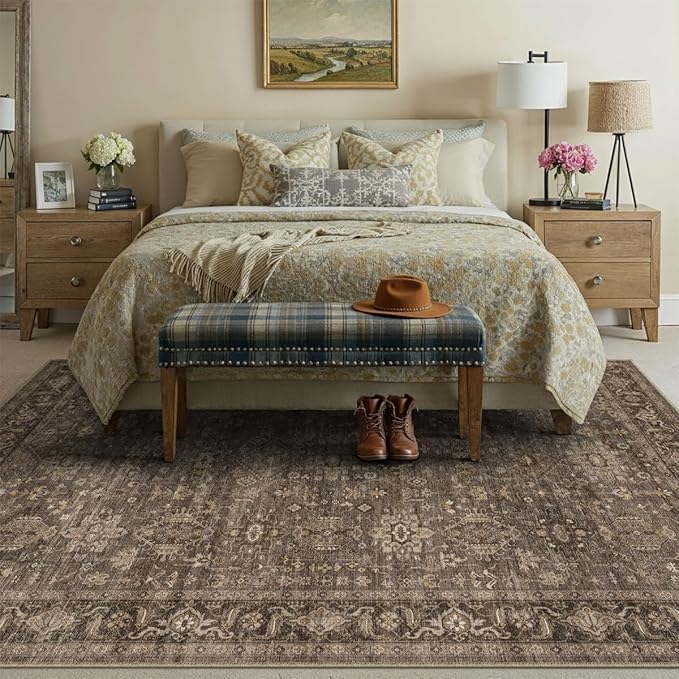 10x14 Washable Area Rug for Living Room Bedroom Vintage Brown Non Slip Carpet Traditional Retro Soft Low Pile Large Throw Rug for Dining Room Kitchen Office Indoor