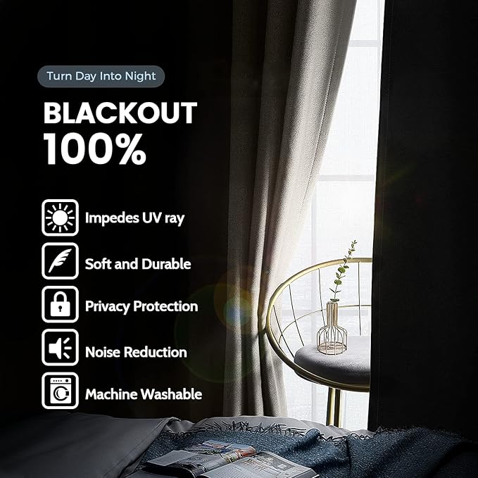 SimpleHome 100% Blackout Curtains for Bedroom,Thermal Insulated Natural Grommet Window Drapes Room Darkening Curtains for Living Room with Black Back,52 x 72 Inch,2 Panels