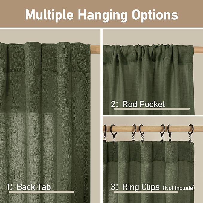 LAMIT Olive Green Linen Curtains 90 Inch for Living Room, Back Tab and Rod Pocket Linen Textured Christmas Curtains Light Filtering Drapes for Bedroom/Dining Room, Set of 2, 52 x 90 Inch