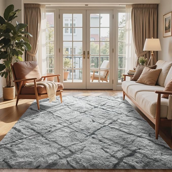 6x9 Ft Large Shag Rugs for Living Room Decor, Tie-Dyed Ultra Soft Fluffy Furry Area Rugs for Bedroom Indoor Floor, Aesthetic Carpet for Kids Home (Grey)