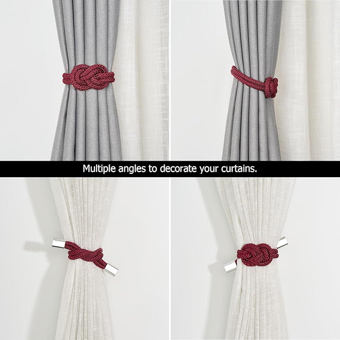 NICEEC 4 Pack Mini Magnetic Curtain Tiebacks Nordic Simple Style Drape Tie Backs Elegant Hand Weave Rope Knot Decorative Curtain Holdbacks for Home & Office Thin Window Drapery (Wine Red)