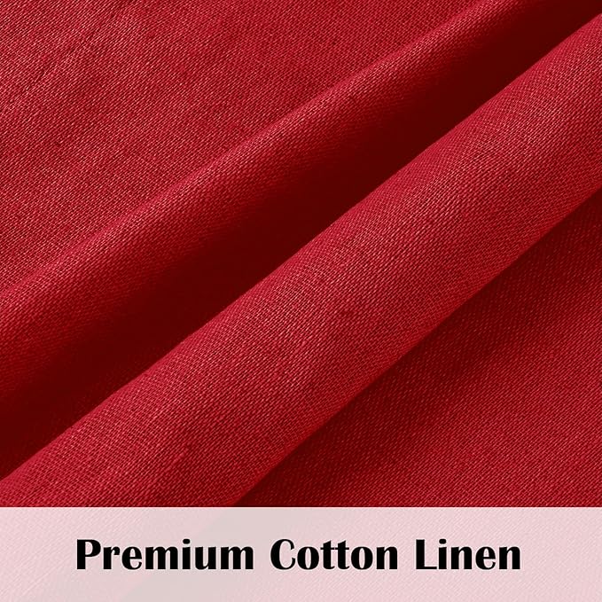 FRAMICS Farmhouse Cotton Linen Curtains for Living Room, Rustic Button Curtains 84 Inch Length 2 Panels, Boho Country Linen Window Curtain for Bedroom Rod Pocket Drapes, 52 x 84 Inch, Red and White