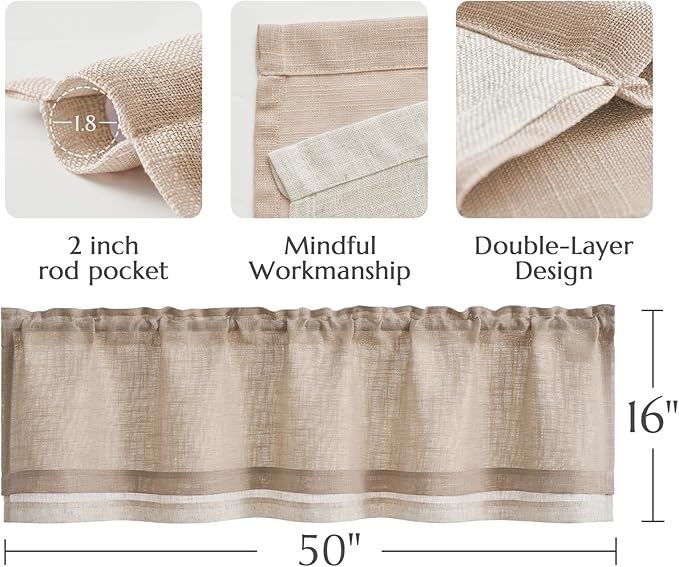 jinchan Farmhouse Linen Valance for Living Room Windows 16 Inch Slubbed Crossed Double Layer Window Valance Light Filtering Rustic Country Overlay Rod Pocket 1 Panel Blush Beige