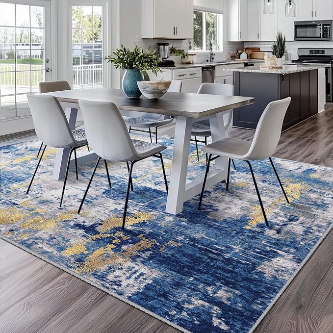 Washable Area Rugs 8'x10' Non-Slip Modern Abstract Soft for Living Room Entryway Bedroom Nursery, Print Pattern, Grey Blue Gold/Golden