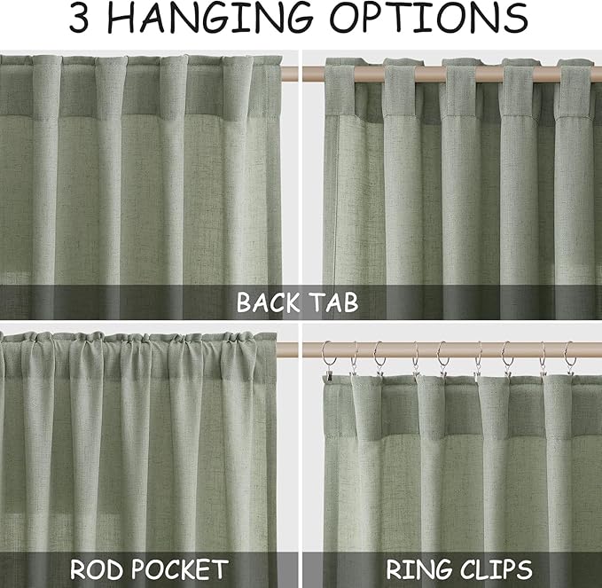 Desert Sage Linen 112 Inch Curtains for Living Room Light Filtering Semi Sheer Curtain Back Tab Rustic Farmhouse Decor Elegant Drapes Floor to Ceiling High Window for Bedroom 52x112, 2 Panels