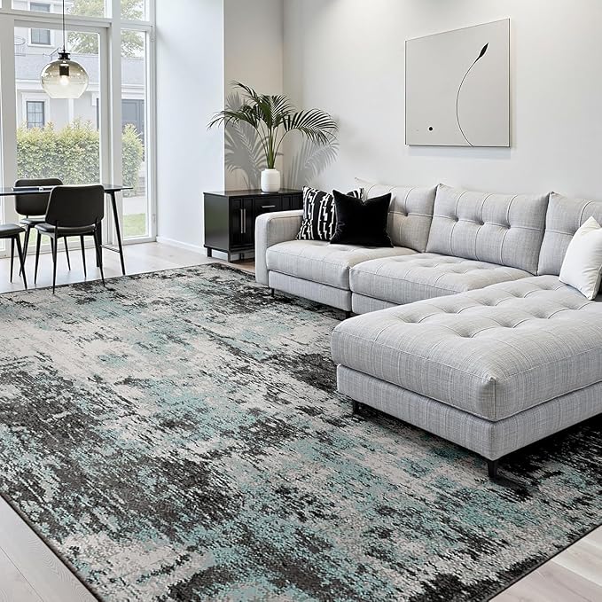 Washable Area Rugs 7'x9' Non-Slip Modern Abstract Soft for Living Room Entryway Bedroom Nursery, Print Pattern, Blue Black Teal