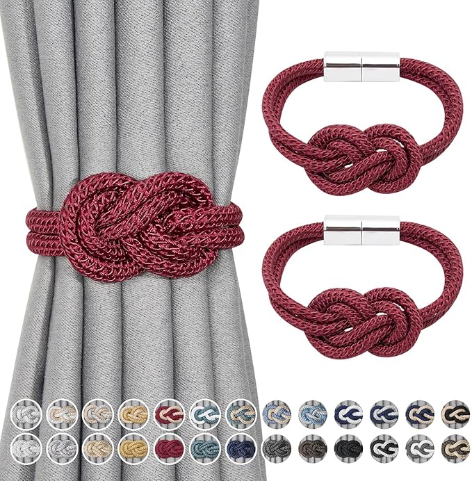NICEEC 2 Pack Mini Magnetic Curtain Tiebacks Nordic Simple Style Drape Tie Backs Elegant Hand Weave Rope Knot Decorative Curtain Holdbacks for Home & Office Thin Window Drapery (Wine Red)
