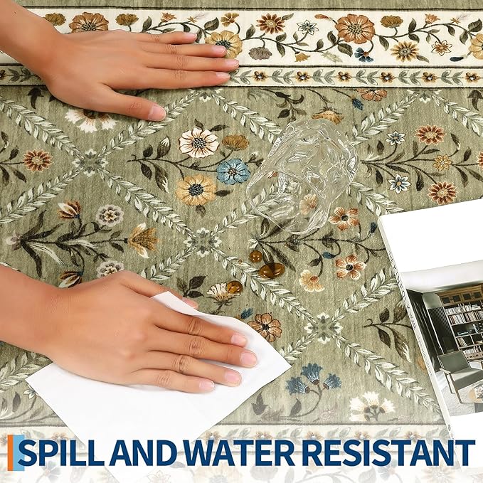Large Entryway Rug 3x5 Floral Washable Area Rugs Vintage Soft Non-Slip Small Floor Carpet Doormat Stain Resistant Low-Pile Ultra-Thin Entry Mat for Bedside Kitchen Green