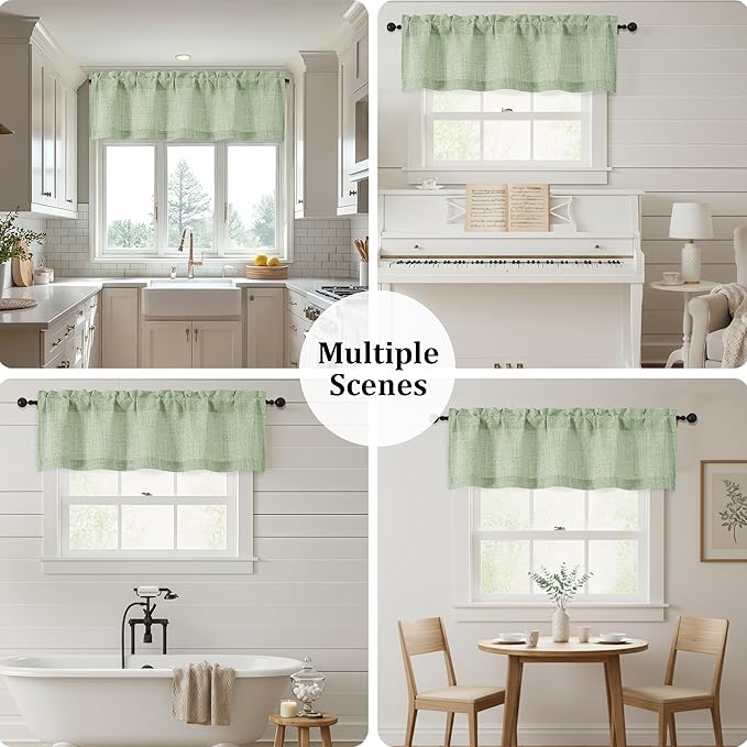 OWENIE Light Green Valances for Windows 1 Pcs, Light Filtering Textured Farmhouse Short Small Valance Curtains for Bathroom Basement Living Room Bedroom, Rod Pocket Half Curtains Over Sink, 52"Wx14"L
